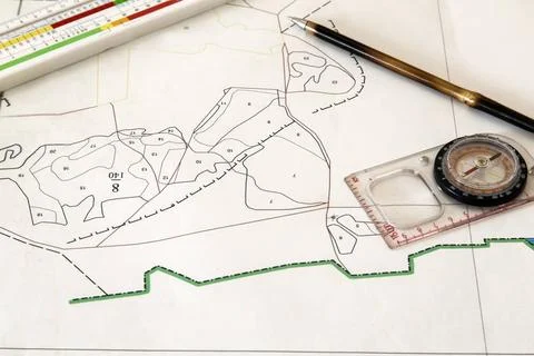 Map of a small land. Plan of the land plot with applied objects and tools:... Fotos de archivo