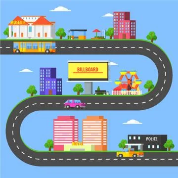 Map of Small Town Part, Summer Urban Landscape with Roads, City Transport and Stock Illustration