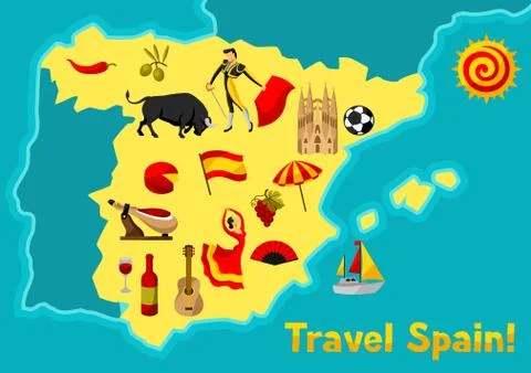 Map of Spain background design. Spanish traditional symbols and objects Illustrazione stock