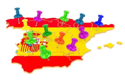 Map of Spain with colored push pins, 3D rendering Map of Spain with colore... 库存照片