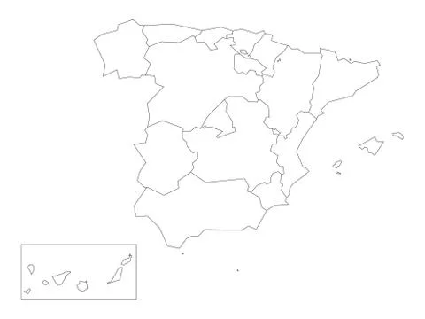 Map of Spain devided to 17 administrative autonomous communities. Simple thin Stock Illustration