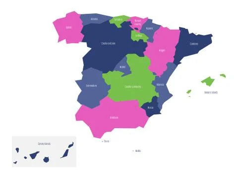 Map of Spain devided to administrative autonomous communities. Simple flat Stock Illustration