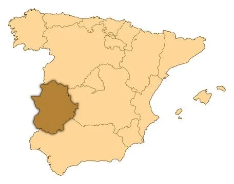 Map of Spain, Extremadura highlighted Map of Spain where Extremadura is hi... Stock Photos