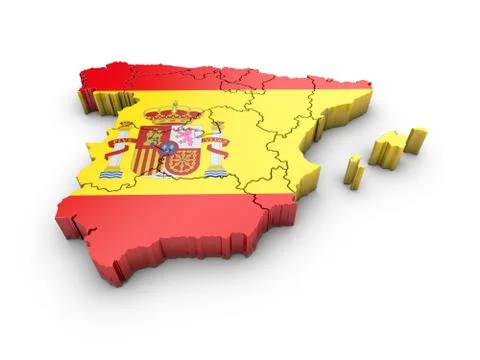 Map of Spain with flag and shadow on white background. 3D rendering. Stock Illustration