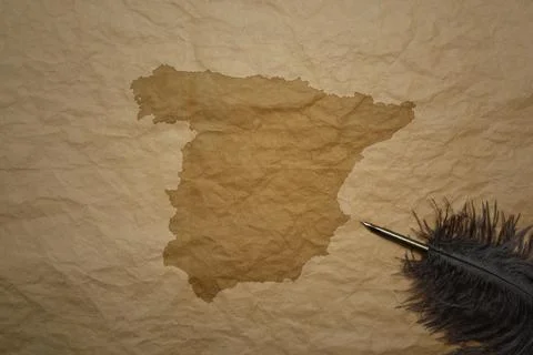 Map of spain on a old paper background with old pen Foto stock