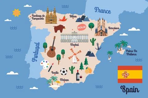 Map of spain with touristic landmarks Stock Illustration