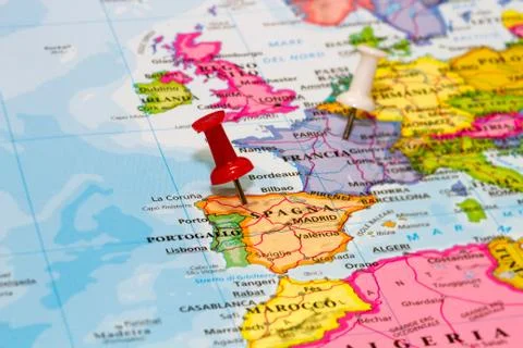 Map of spain with a white pushpin stuck Stock Photos