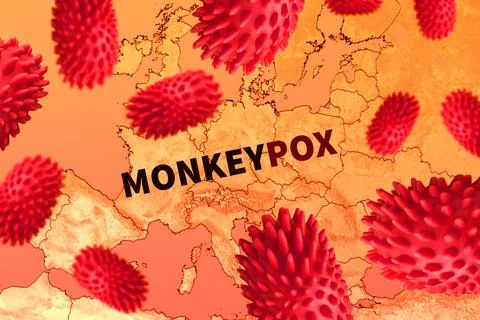 Map of the spread of monkeypox virus in Europe. Smallpox virus abstract model Foto stock