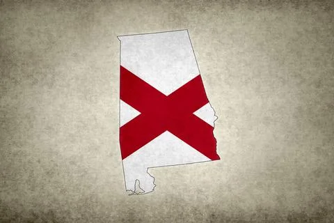 Map of the state of Alabama with its flag on a paper Stock Illustration