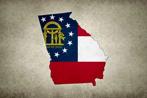 Map of the state of Georgia with its flag on a paper Stock Illustration