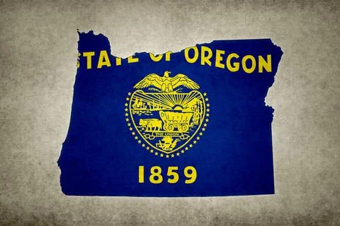 Map of the state of Oregon with its flag on a paper Stock Illustration