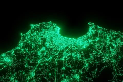 Map of the streets of Algiers (Algeria) made with green illumination and glow Stock Photos