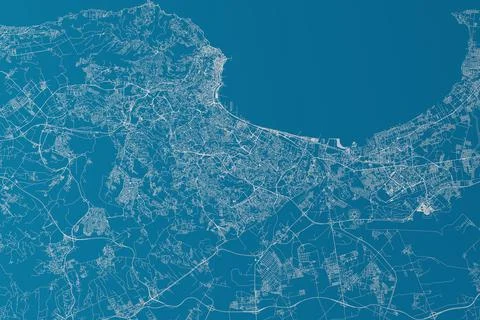 Map of the streets of Algiers (Algeria) made with white lines on blue backgro Stock Photos