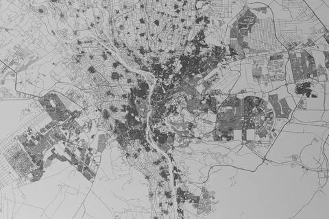 Map of the streets of Cairo (Egypt) made with black lines on grey paper. Top  Stock Photos
