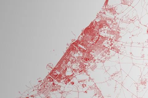 Map of the streets of Dubai (UAE) made with red lines on white paper. Top fla Stock Photos