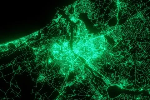 Map of the streets of Riga (Latvia) made with green illumination and glow eff Stock Photos