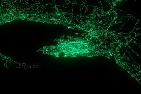 Map of the streets of Split (Croatia) made with green illumination and glow e Stock Photos