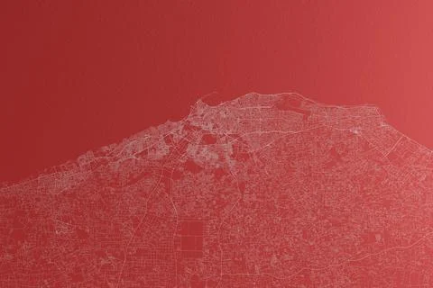 Map of the streets of Tripoli (Libya) made with white lines on red paper. Top Foto stock