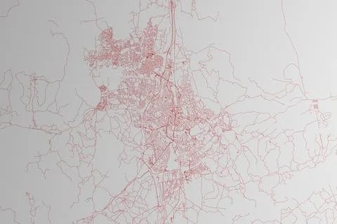 Map of the streets of Windhoek (Namibia) made with red lines on white paper.  Stock Photos