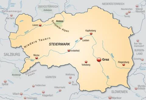 Map of styria as an overview map in pastel orange Stock Illustration