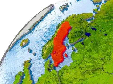 Map of Sweden in red on globe Stock Photos
