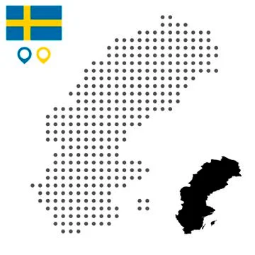 Map of Sweden vector dotted, with flag and map marker. Stock Illustration