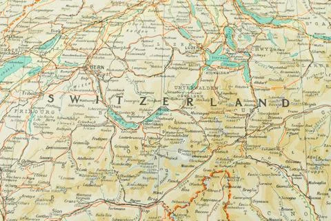 Map of Switzerland, showing geographical elements like roads, rivers, lakes.. Stock Photos