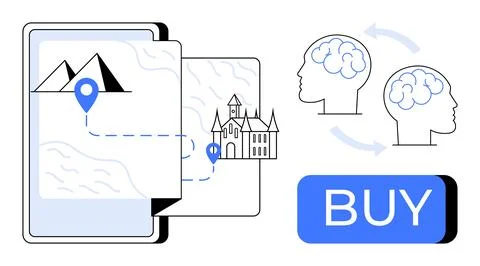 Map on a tablet with a route from mountains to a castle, two connected brains Stock Illustration