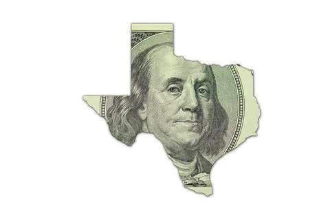 Map of texas state on a american dollar money texture on the white background Stock Photos