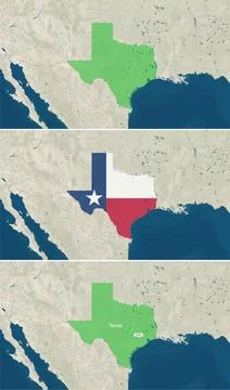 The map of Texas with text, textless, and with flag Stock Illustration