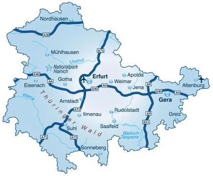 Map of thuringia with highways in blue Stock Illustration