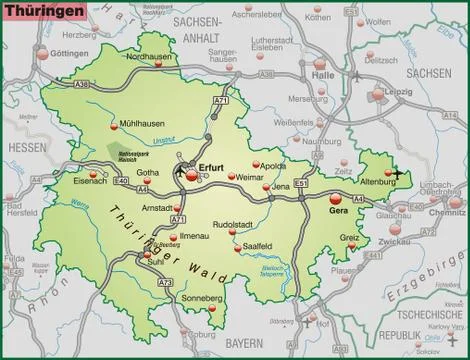 Map of thuringia with highways in pastel green Illustrazione stock