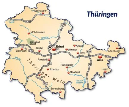Map of thuringia with highways in pastel orange Illustrazione stock