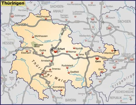 Map of thuringia with highways in pastel orange Illustrazione stock