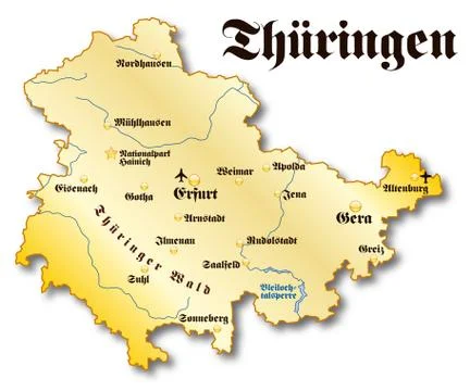 Map of thuringia as an overview map in gold Illustrazione stock
