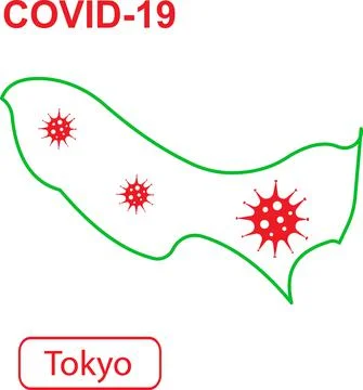 Map of Tokyo labeled COVID-19. Green outline map on a white background. Stock Illustration