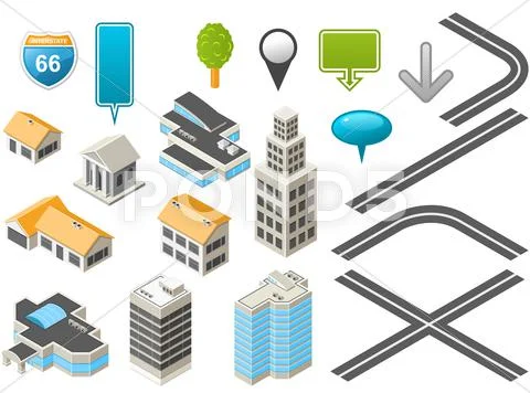 Map toolkit with isometric buildings and roads Stock Illustration