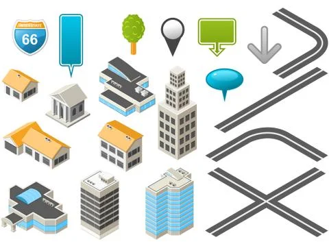 Map toolkit with isometric buildings and roads Stock Illustration