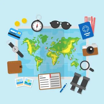 Map with travel elements in flat style イラスト素材