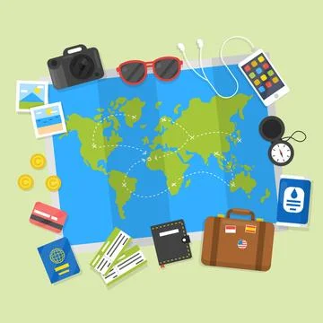 Map with travel elements in flat style Stock Illustration