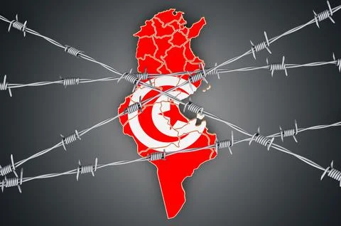 Map of Tunisia with barbed wire, 3D rendering Stock Illustration
