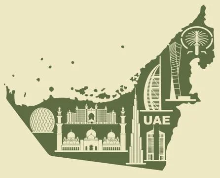 Map of the UAE with silhouettes of buildings Stock Illustration