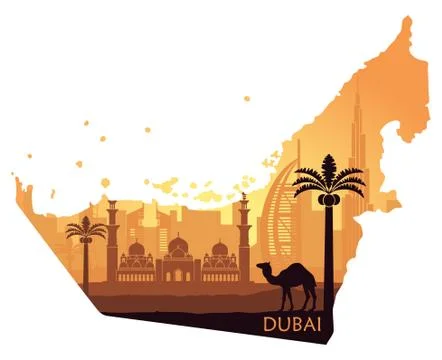 Map of the UAE with the skyline of Dubai, the camel, the date palm at sunset Stock Illustration