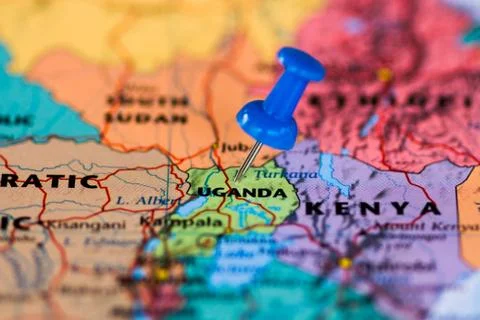 Map of Uganda with a blue pushpin stuck Stock-Fotos
