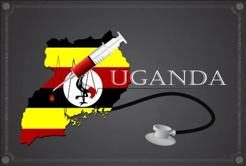 Map of Uganda with Stethoscope and syringe. Stock Illustration