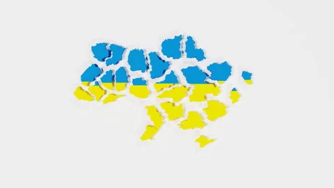 Map of Ukraine in blue-yellow flag colors, top view. Formed by separate areas on Stock Footage 241832793