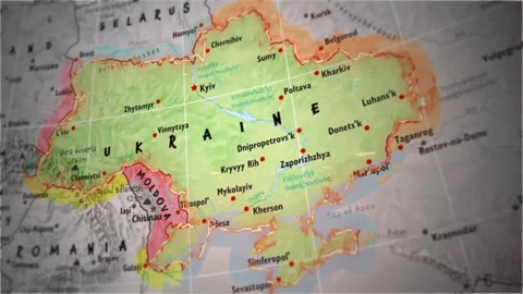 Map of Ukraine with burning borders, war zone. Animation of the political ma Stock Footage 271630834
