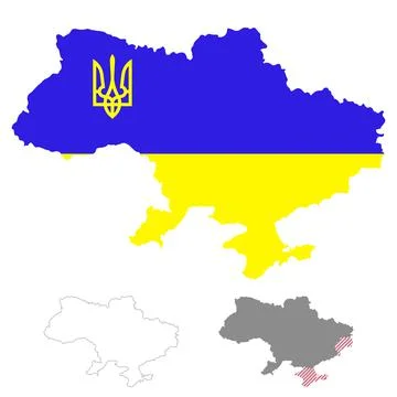 Map of Ukraine. Flag incorporated into the map Ukraine with coat of arms Illustrazione stock
