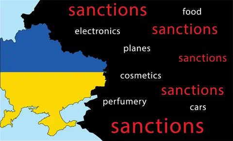 Map of Ukraine in the form of a flag and Russia in black. The concept of sanc Stock Illustration