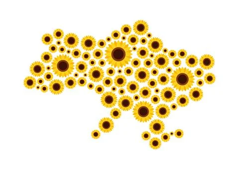 Map of Ukraine with sunflowers on a white background Stock Illustration